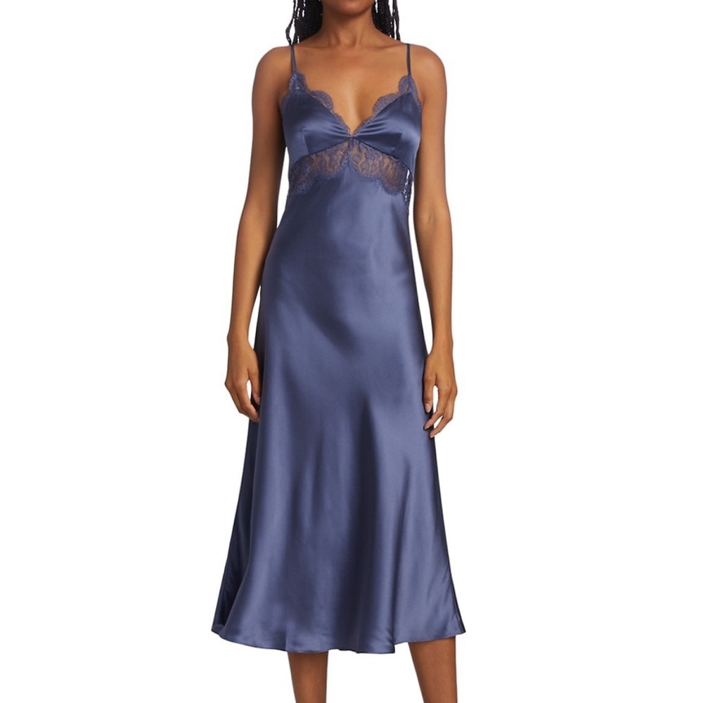 Cami NYC Navy Blue Satin Lace-Trim Midi Slip Dress